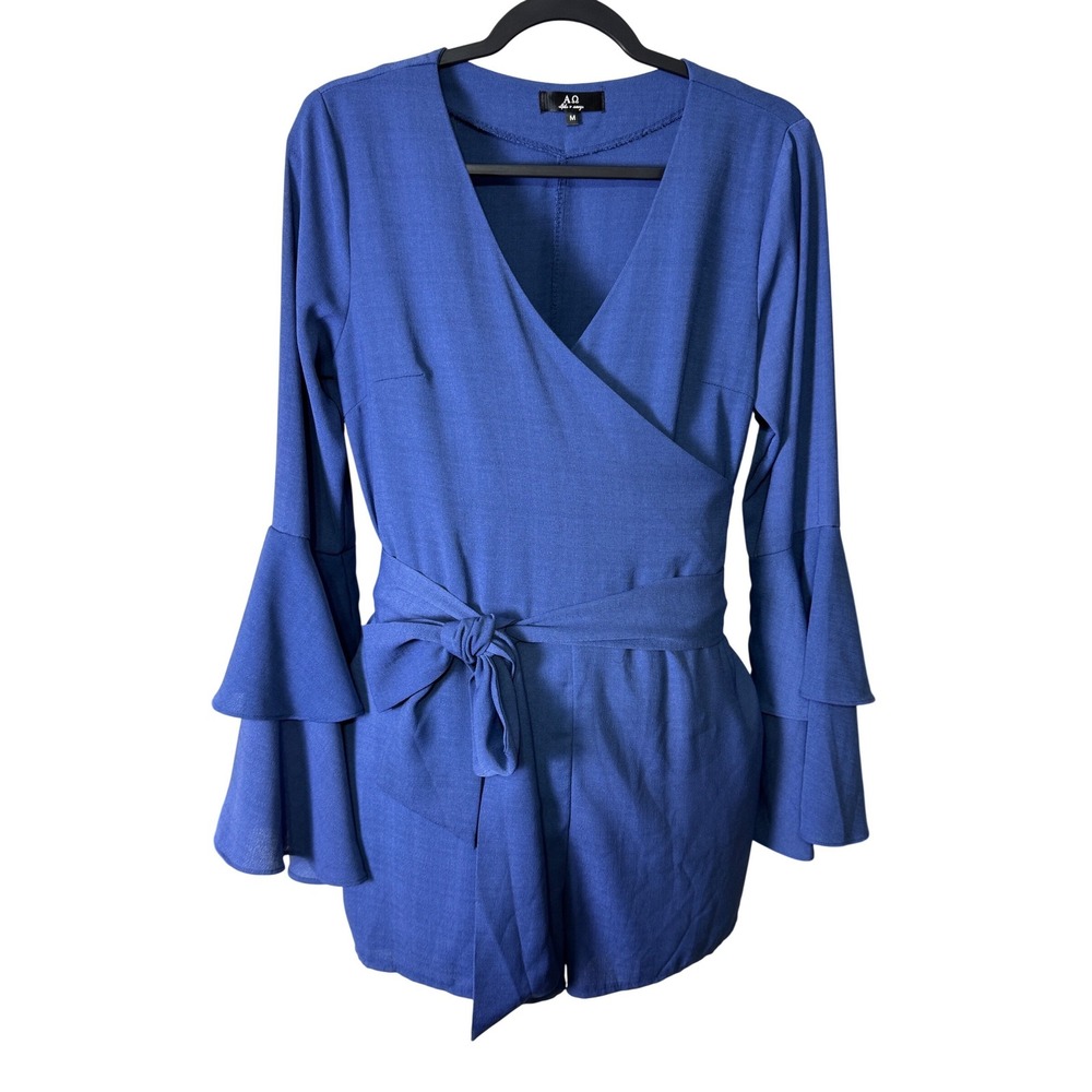 Alpha & Omega Blue Wrap‎ Front Romper Bell Sleeve Tie Waist Pockets Medium